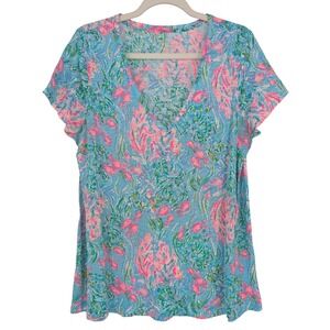 Lilly Pulitzer Etta Top Amalfi Blue Best Fishes V-Neck LG Tropical Resort Preppy